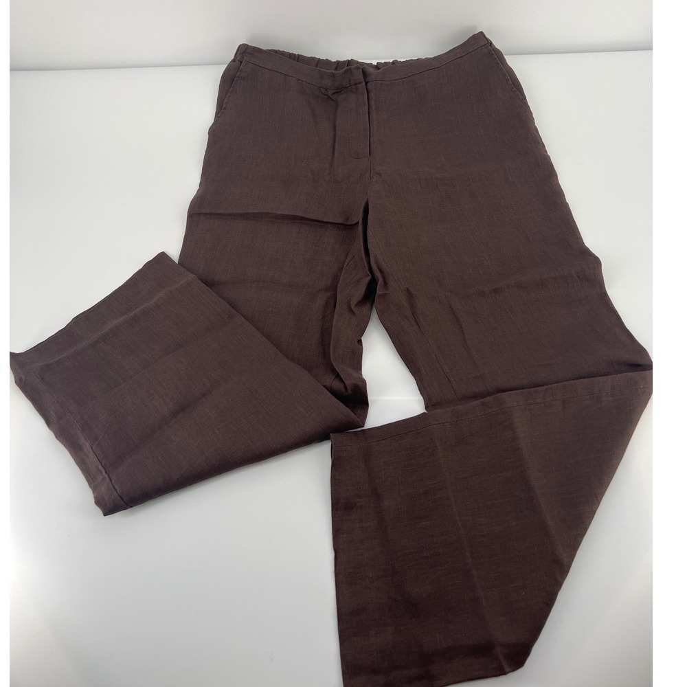 Neiman Marcus Womens Linen Pants Brown Wide Leg High Rise Large Relaxed Fit Boho